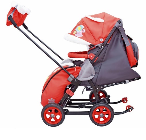 Санки-коляска Snow Galaxy City-2-1, дизайн - Мишка со звездой на красном, на больших надувных колёсах, сумка и варежки  